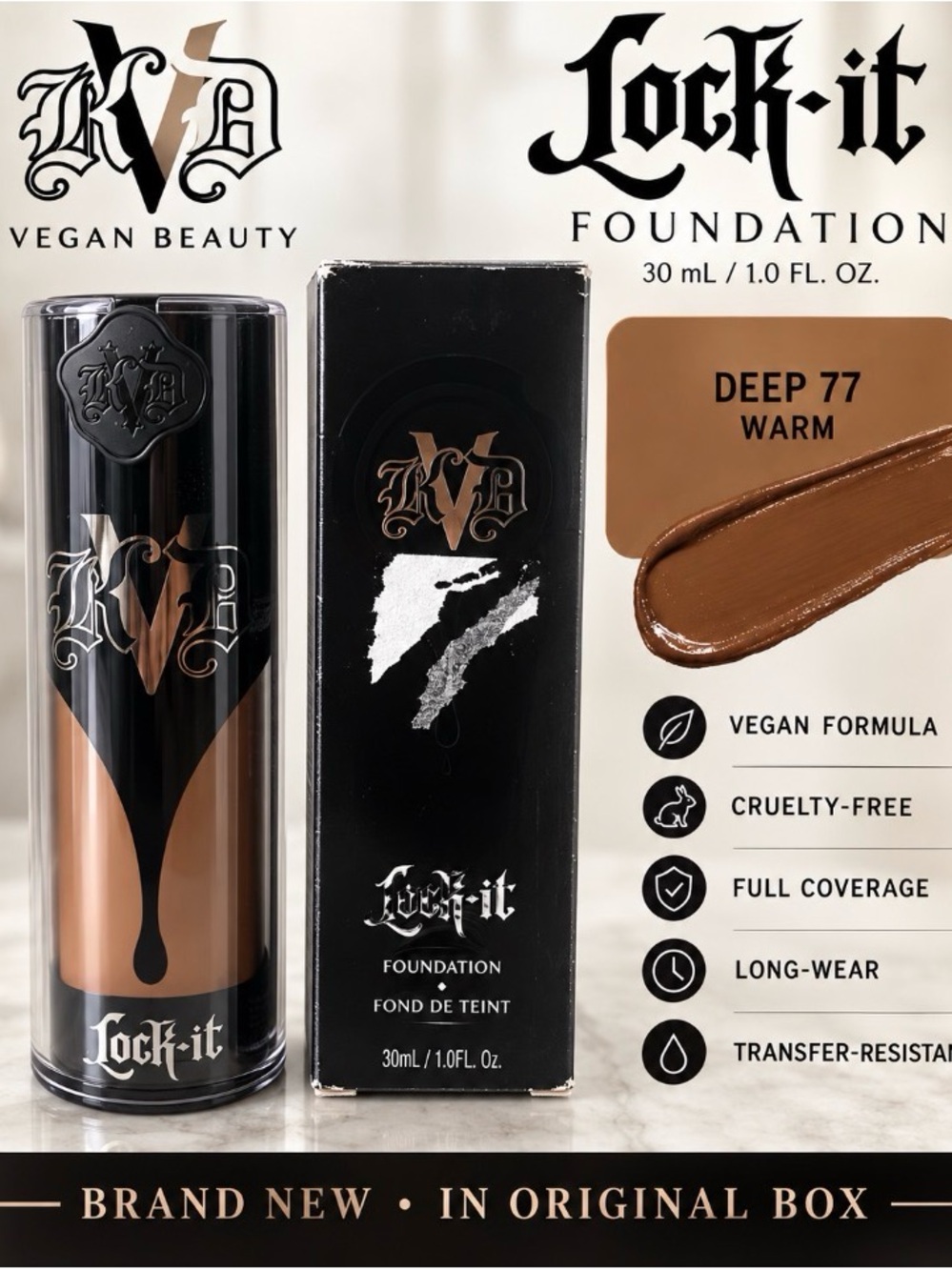 KVD Kat Von D Lock-It Foundation Deep 77 Warm NEW Discontinued 30ml